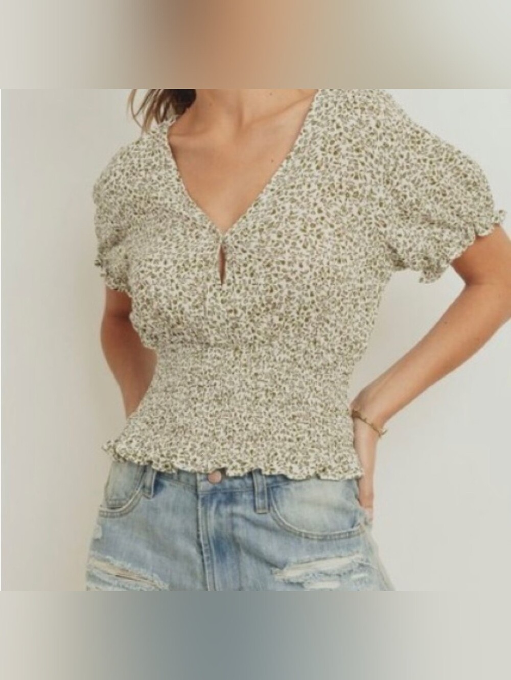 Paper Crane Olive and Cream Smocked V-Neck Blouse